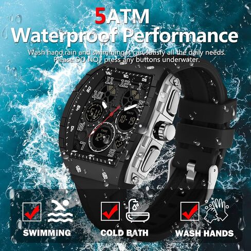 findtime Mens Watches Unique Watches for Men Digital Waterproof Watch Sports Alarm Stopwatch Tonneau Design Punk Analog Wrist Watch Calendar Dual Time Display Silicone Band in Saudi Arabia