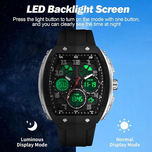 findtime Mens Watches Unique Watches for Men Digital Waterproof Watch Sports Alarm Stopwatch Tonneau Design Punk Analog Wrist Watch Calendar Dual Time Display Silicone Band in Saudi Arabia
