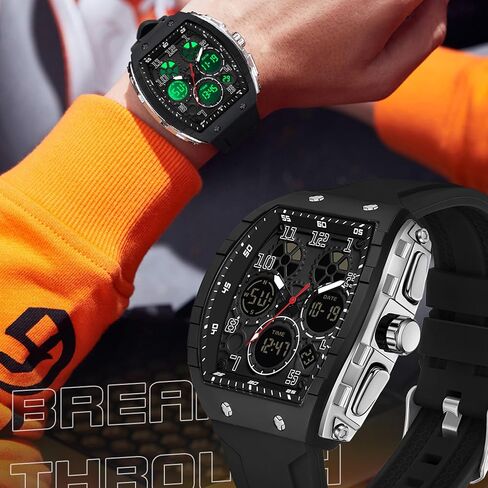 findtime Mens Watches Unique Watches for Men Digital Waterproof Watch Sports Alarm Stopwatch Tonneau Design Punk Analog Wrist Watch Calendar Dual Time Display Silicone Band in Saudi Arabia
