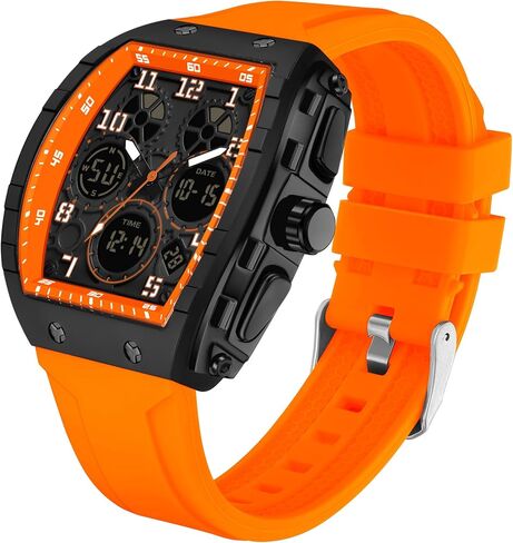 findtime Mens Watches Unique Watches for Men Digital Waterproof Watch Sports Alarm Stopwatch Tonneau Design Punk Analog Wrist Watch Calendar Dual Time Display Silicone Band in Saudi Arabia
