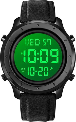 PASOY Mens Big Dial Digital Leather Watch Simple Large Display Countdown Alarm Stopwatch LED Backlight Business Multifunction Watches in Saudi Arabia