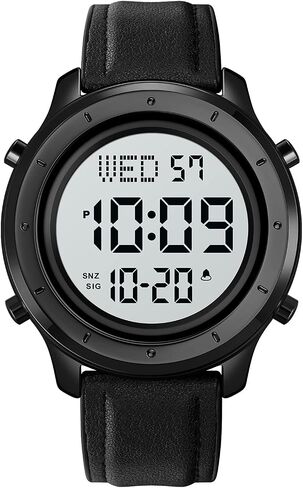 PASOY Mens Big Dial Digital Leather Watch Simple Large Display Countdown Alarm Stopwatch LED Backlight Business Multifunction Watches in Saudi Arabia