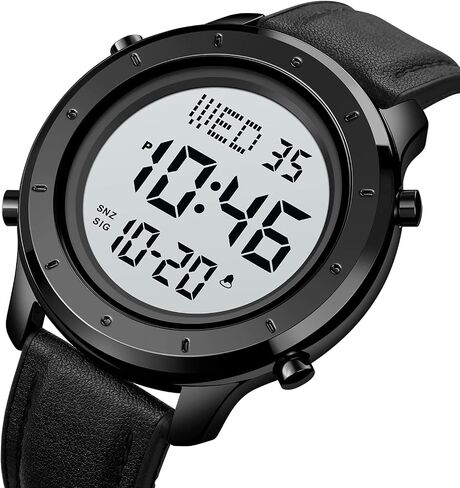 PASOY Mens Big Dial Digital Leather Watch Simple Large Display Countdown Alarm Stopwatch LED Backlight Business Multifunction Watches in Saudi Arabia