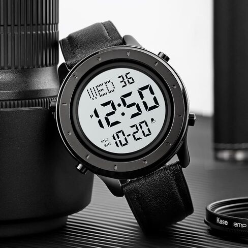 PASOY Mens Big Dial Digital Leather Watch Simple Large Display Countdown Alarm Stopwatch LED Backlight Business Multifunction Watches in Saudi Arabia