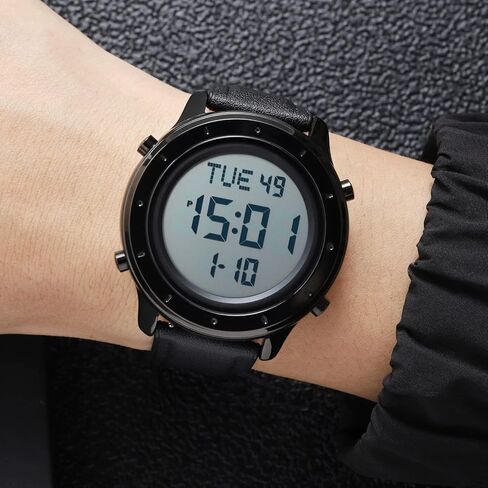 PASOY Mens Big Dial Digital Leather Watch Simple Large Display Countdown Alarm Stopwatch LED Backlight Business Multifunction Watches in Saudi Arabia