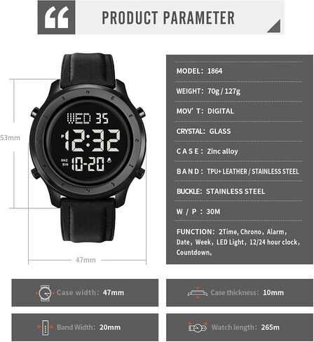 PASOY Mens Big Dial Digital Leather Watch Simple Large Display Countdown Alarm Stopwatch LED Backlight Business Multifunction Watches in Saudi Arabia