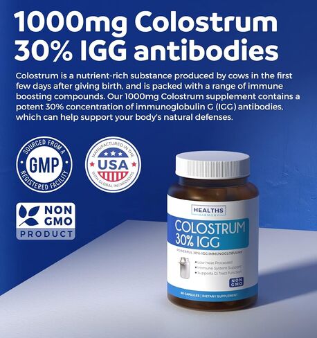 Colostrum 1,000mg (Non-GMO) 30% IgG Immunoglobulins - Immune System Support, Gut Health & Respiratory Health Supplement - Low Heat Processed Bovine Colostrum - 60 Capsules - No Powder or Pills in Kuwait