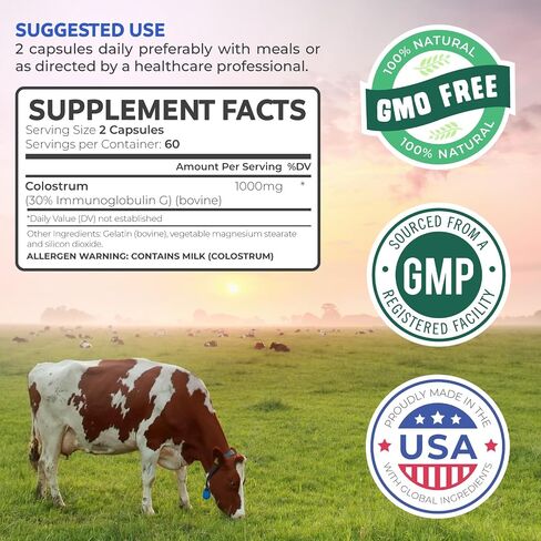 Colostrum 1,000mg (Non-GMO) 30% IgG Immunoglobulins - Immune System Support, Gut Health & Respiratory Health Supplement - Low Heat Processed Bovine Colostrum - 60 Capsules - No Powder or Pills in Kuwait