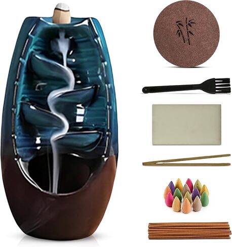 Ceramic Backflow Incense Holder Smoke Waterfall Burner Set with 120 Backflow Incense Cones, 30 Incense Sticks & Premium Accessories for Aromatherapy Home Decor in Saudi Arabia