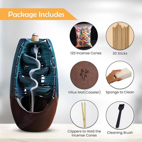 Ceramic Backflow Incense Holder Smoke Waterfall Burner Set with 120 Backflow Incense Cones, 30 Incense Sticks & Premium Accessories for Aromatherapy Home Decor in Saudi Arabia