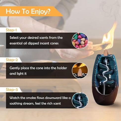 Ceramic Backflow Incense Holder Smoke Waterfall Burner Set with 120 Backflow Incense Cones, 30 Incense Sticks & Premium Accessories for Aromatherapy Home Decor in Saudi Arabia