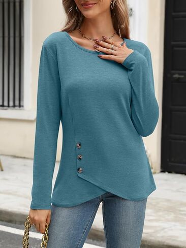 Womens Crew Neck Long Sleeve Shirts Asymmetrical Hem Loose Fit T Shirt Fall Button Side Dressy Casual Tops in Saudi Arabia