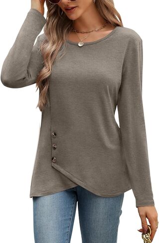 Womens Crew Neck Long Sleeve Shirts Asymmetrical Hem Loose Fit T Shirt Fall Button Side Dressy Casual Tops in Saudi Arabia