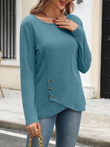 Womens Crew Neck Long Sleeve Shirts Asymmetrical Hem Loose Fit T Shirt Fall Button Side Dressy Casual Tops in Saudi Arabia