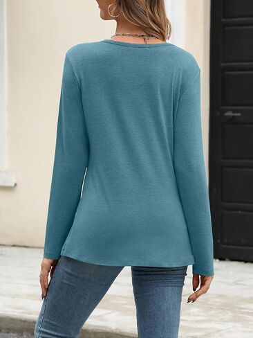 Womens Crew Neck Long Sleeve Shirts Asymmetrical Hem Loose Fit T Shirt Fall Button Side Dressy Casual Tops in Saudi Arabia