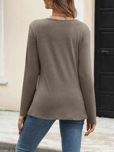 Womens Crew Neck Long Sleeve Shirts Asymmetrical Hem Loose Fit T Shirt Fall Button Side Dressy Casual Tops in Saudi Arabia