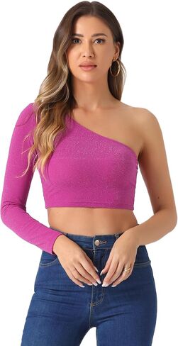 Allegra K Glitter Crop Top for Women's Christmas Metallic Clubwear Slim Fitted One Shoulder T-Shirt in Saudi Arabia