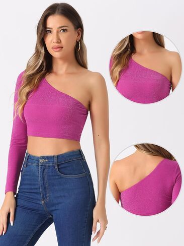 Allegra K Glitter Crop Top for Women's Christmas Metallic Clubwear Slim Fitted One Shoulder T-Shirt in Saudi Arabia