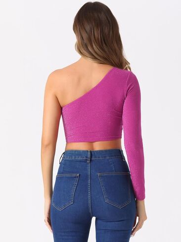 Allegra K Glitter Crop Top for Women's Christmas Metallic Clubwear Slim Fitted One Shoulder T-Shirt in Saudi Arabia