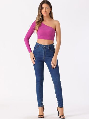 Allegra K Glitter Crop Top for Women's Christmas Metallic Clubwear Slim Fitted One Shoulder T-Shirt in Saudi Arabia