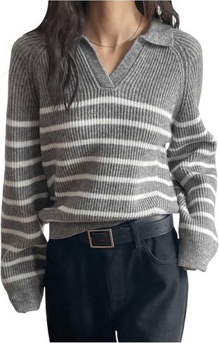 MakeMeChic Women's Collared Striped Sweater V Neck Long Sleeve Pullovers Casual Knit Tops in Saudi Arabia