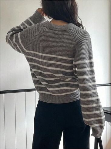 MakeMeChic Women's Collared Striped Sweater V Neck Long Sleeve Pullovers Casual Knit Tops in Saudi Arabia