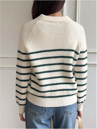 MakeMeChic Women's Collared Striped Sweater V Neck Long Sleeve Pullovers Casual Knit Tops in Saudi Arabia