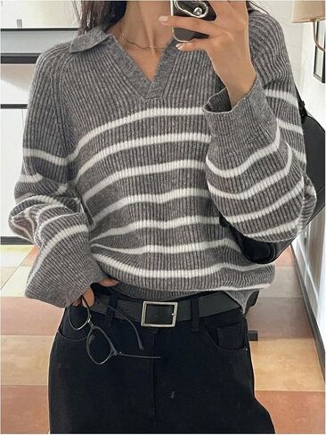 MakeMeChic Women's Collared Striped Sweater V Neck Long Sleeve Pullovers Casual Knit Tops in Saudi Arabia