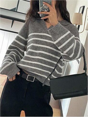 MakeMeChic Women's Collared Striped Sweater V Neck Long Sleeve Pullovers Casual Knit Tops in Saudi Arabia