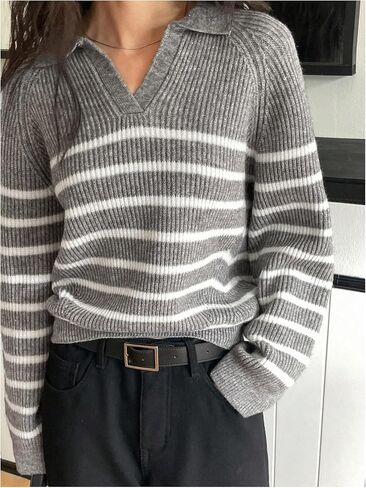 MakeMeChic Women's Collared Striped Sweater V Neck Long Sleeve Pullovers Casual Knit Tops in Saudi Arabia