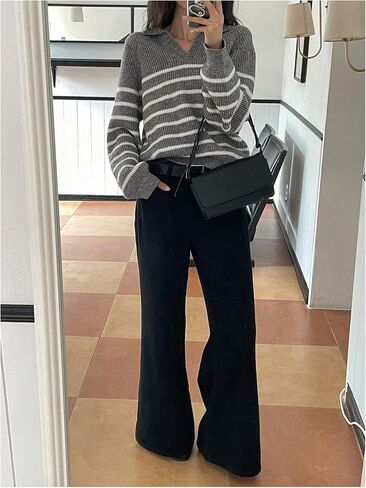 MakeMeChic Women's Collared Striped Sweater V Neck Long Sleeve Pullovers Casual Knit Tops in Saudi Arabia