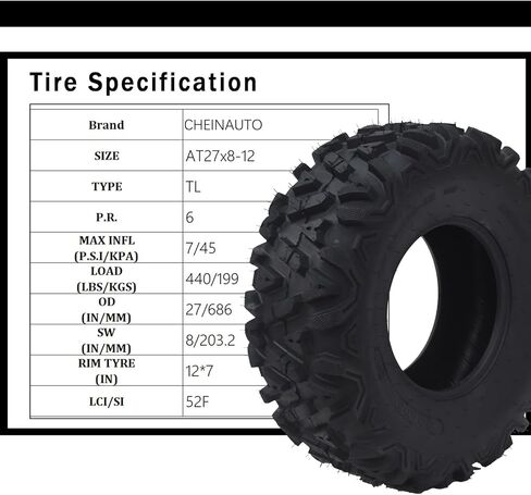 Atv Tires, AT27x8-12-6PR TL KNIGHT 27x8-12-6PR All Terrain ATV UTV Off-Road Tires(Set of 2, Tubeless) in Kuwait