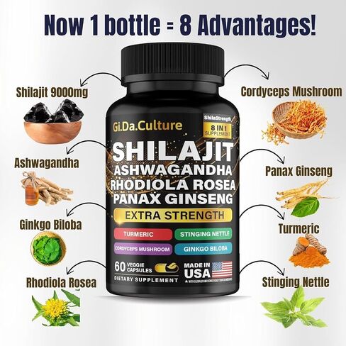Shilajit Ashwagandha Rhodiola Rosea Panax Ginseng - Shilajit for Men and Women - Pure Himalayan Shilajit Capsules - 60 Veggie Capsules in Saudi Arabia
