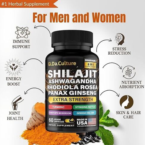 Shilajit Ashwagandha Rhodiola Rosea Panax Ginseng - Shilajit for Men and Women - Pure Himalayan Shilajit Capsules - 60 Veggie Capsules in Saudi Arabia