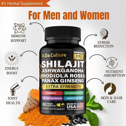 Shilajit Ashwagandha Rhodiola Rosea Panax Ginseng - Shilajit for Men and Women - Pure Himalayan Shilajit Capsules - 60 Veggie Capsules in Saudi Arabia