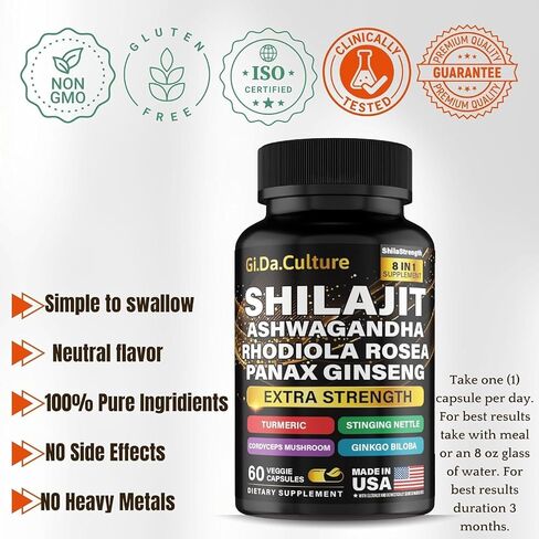 Shilajit Ashwagandha Rhodiola Rosea Panax Ginseng - Shilajit for Men and Women - Pure Himalayan Shilajit Capsules - 60 Veggie Capsules in Saudi Arabia
