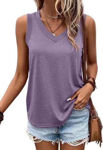 EADINVE Womens V Neck Tank Tops Summer Casual Ribbed Trim Sleeveless Loose Fit Tunic Tops Shirts 2025 in Saudi Arabia