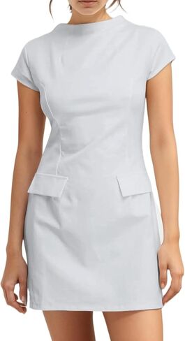 Knemksplanet Women Sexy Cap Sleeve Mini Dress Mock Neck Muse A Line Sun Bodycon Dress Elegant Formal Party Club Dress in Kuwait