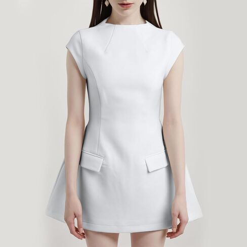 Knemksplanet Women Sexy Cap Sleeve Mini Dress Mock Neck Muse A Line Sun Bodycon Dress Elegant Formal Party Club Dress in Kuwait