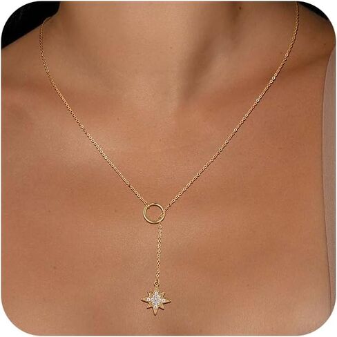 Lariat Gold Necklace for Women, Dainty Long Necklace 14K Gold Plated/Silver Y-Shaped Pendant Necklace Trendy, Beaded Chain Bar Infinity Cross Star Drop Necklaces Simple Jewelry For Women in Kuwait