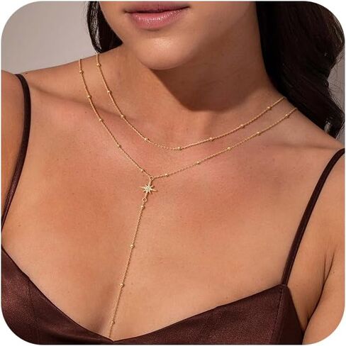 Lariat Gold Necklace for Women, Dainty Long Necklace 14K Gold Plated/Silver Y-Shaped Pendant Necklace Trendy, Beaded Chain Bar Infinity Cross Star Drop Necklaces Simple Jewelry For Women in Kuwait