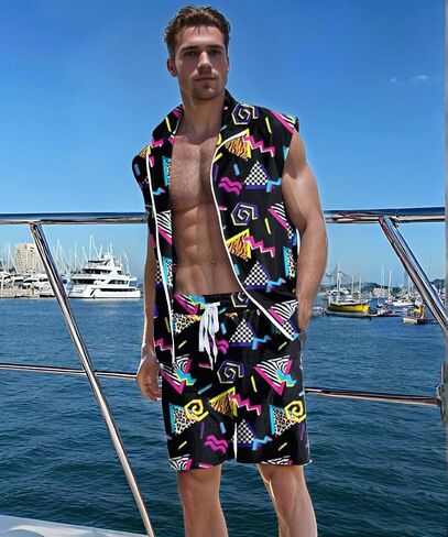 UOUA Men 80s Outfit 90s Costume 2 Piece Shorts Set Themed Party Clothes in Kuwait