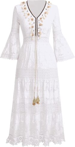 IKADEX Women Boho Floral Lace Dress Crochet Tassel Wedding Bridesmaid Evening Party Summer Beach Dresses in Saudi Arabia