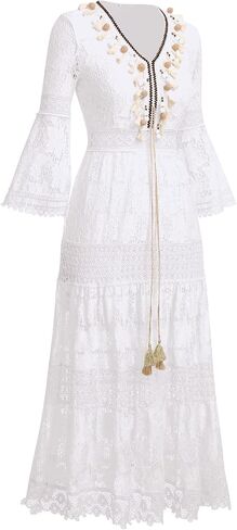 IKADEX Women Boho Floral Lace Dress Crochet Tassel Wedding Bridesmaid Evening Party Summer Beach Dresses in Saudi Arabia