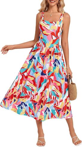 GRACE KARIN Women's Summer Floral Midi Dress 2025 Sleeveless Square Neck Boho Beach Casual Dresses with Pockets in Saudi Arabia