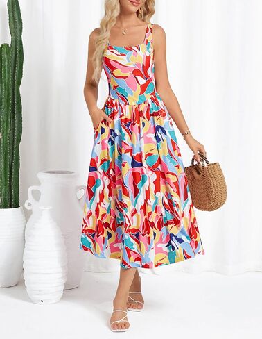 GRACE KARIN Women's Summer Floral Midi Dress 2025 Sleeveless Square Neck Boho Beach Casual Dresses with Pockets in Saudi Arabia