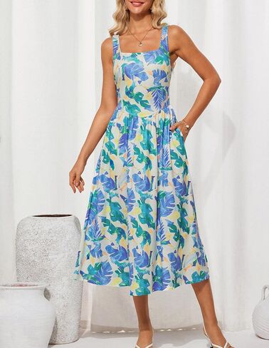 GRACE KARIN Women's Summer Floral Midi Dress 2025 Sleeveless Square Neck Boho Beach Casual Dresses with Pockets in Saudi Arabia