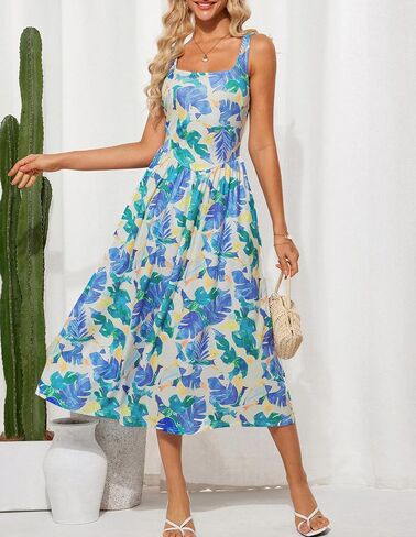 GRACE KARIN Women's Summer Floral Midi Dress 2025 Sleeveless Square Neck Boho Beach Casual Dresses with Pockets in Saudi Arabia