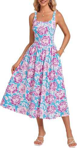 GRACE KARIN Women's Summer Floral Midi Dress 2025 Sleeveless Square Neck Boho Beach Casual Dresses with Pockets in Saudi Arabia
