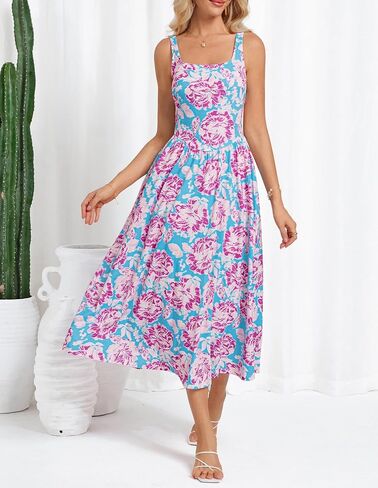 GRACE KARIN Women's Summer Floral Midi Dress 2025 Sleeveless Square Neck Boho Beach Casual Dresses with Pockets in Saudi Arabia